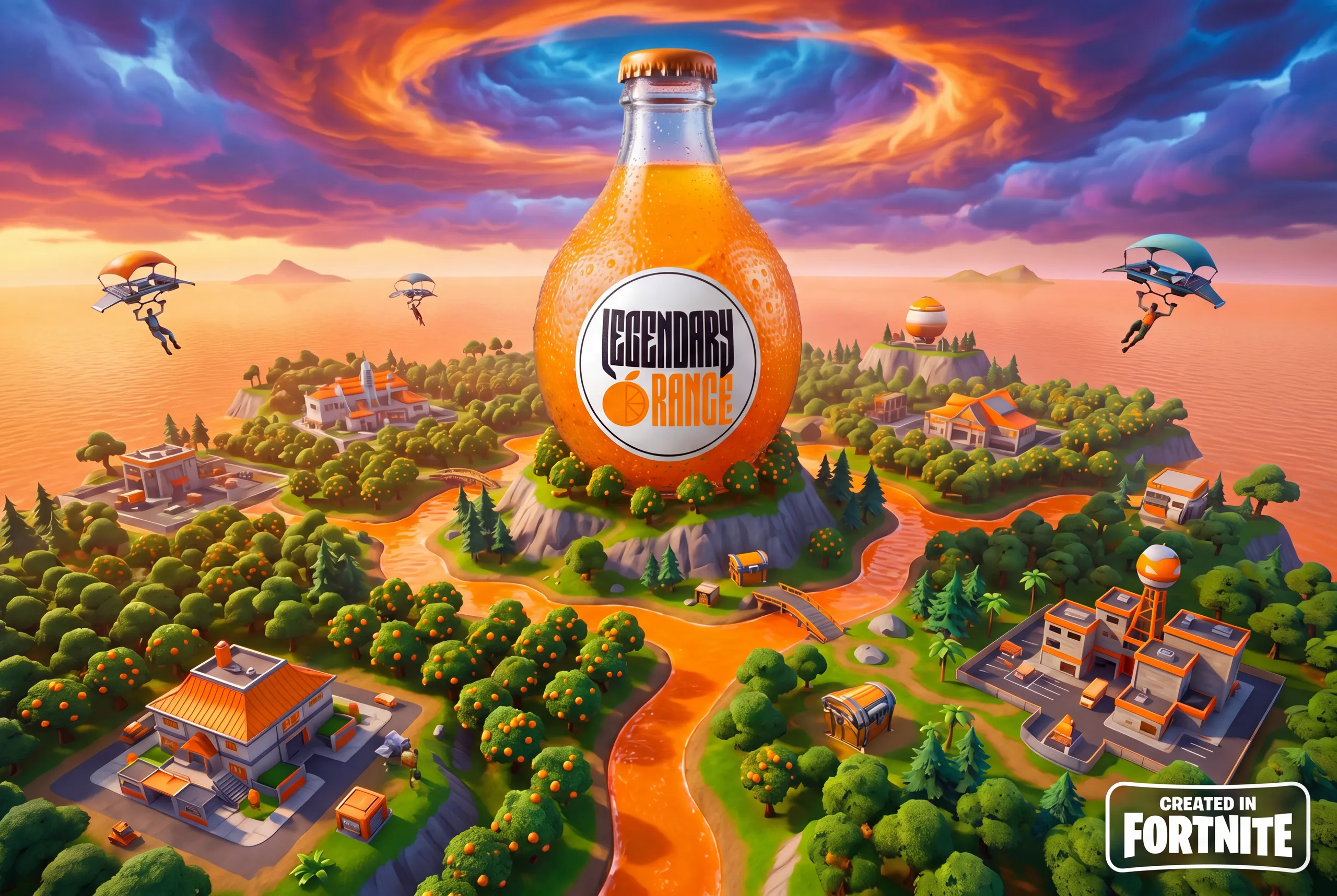 Branded Fortnite island built around a Legendary Orange soda bottle