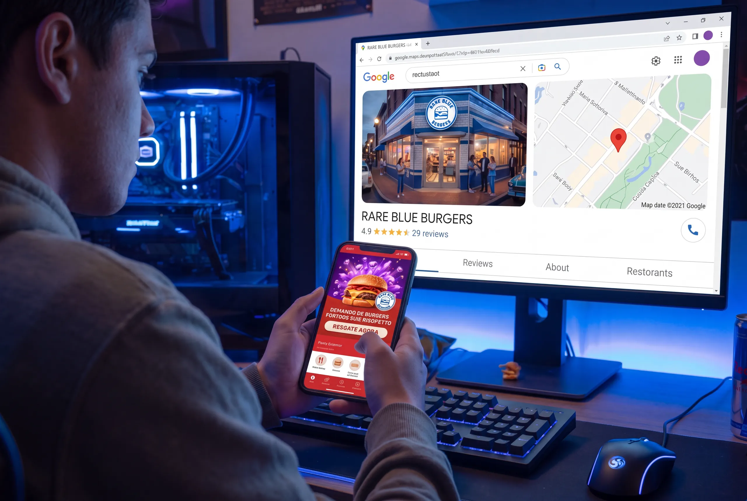 Gamer discovering a local burger restaurant and its app offer