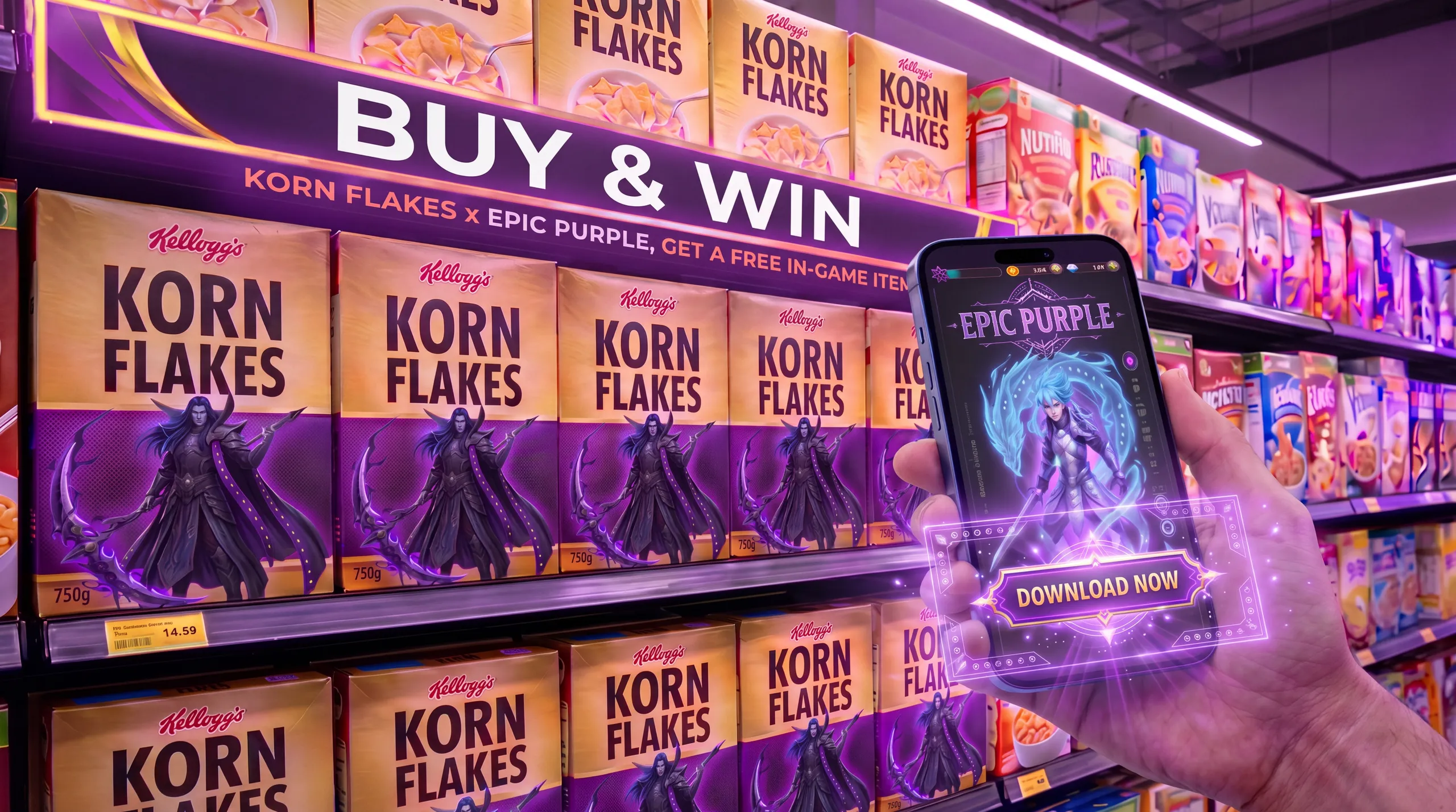 Buy-and-win retail shelf activation granting in-game rewards
