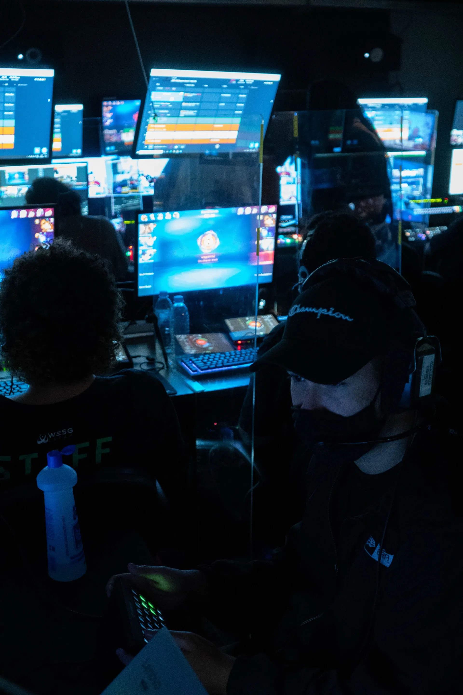 Broadcast monitors glowing in the dark MPL Brazil arena